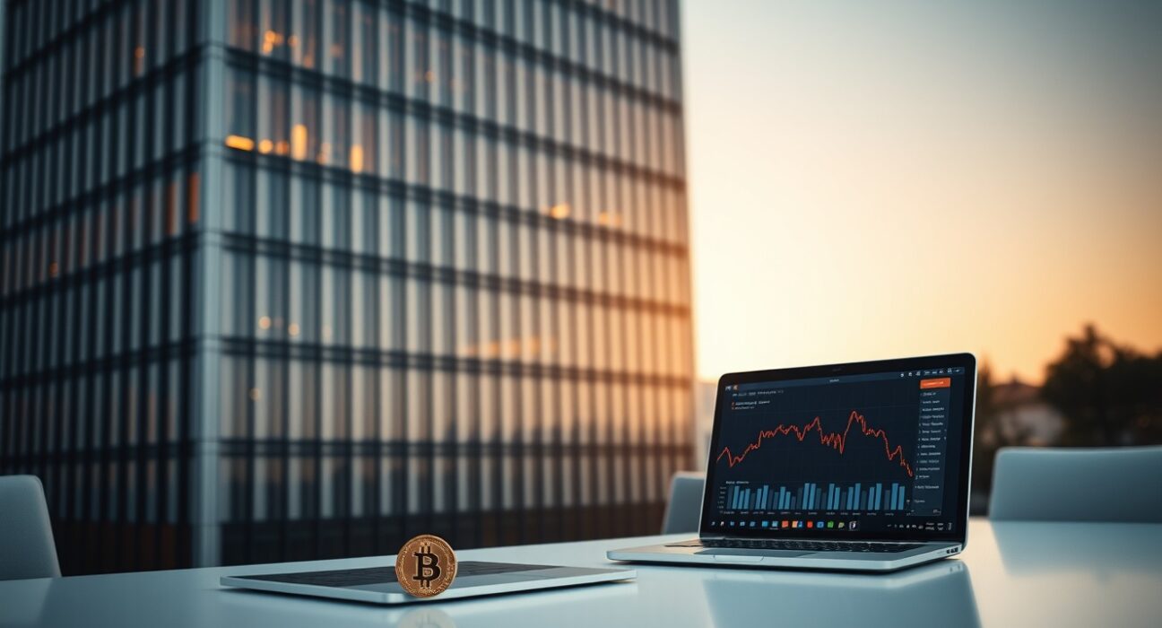 Japanese corporate office with laptop displaying Bitcoin chart and a physical Bitcoin coin