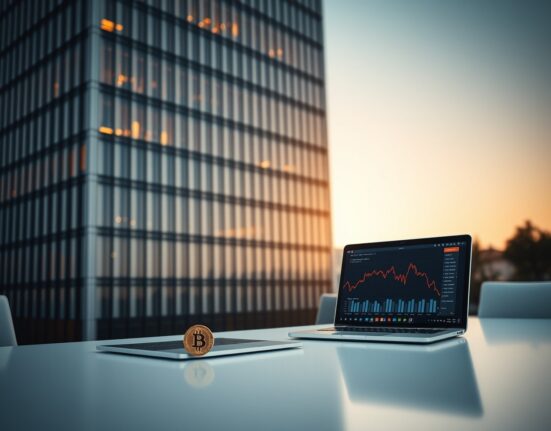 Japanese corporate office with laptop displaying Bitcoin chart and a physical Bitcoin coin