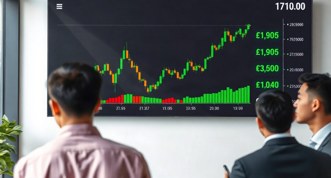 Tokyo office with digital display showing rising cryptocurrency prices and charts