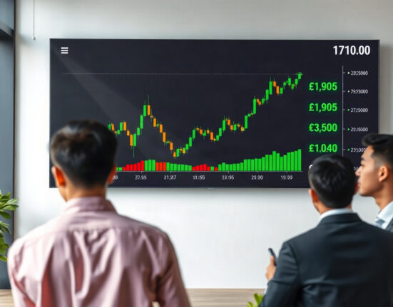 Tokyo office with digital display showing rising cryptocurrency prices and charts