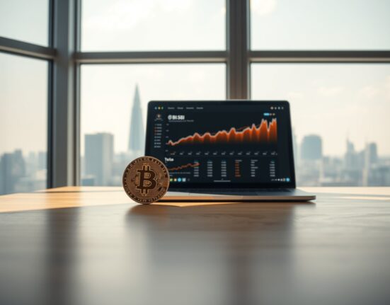 Bitcoin coin on desk with laptop showing financial charts in a Japanese corporate office
