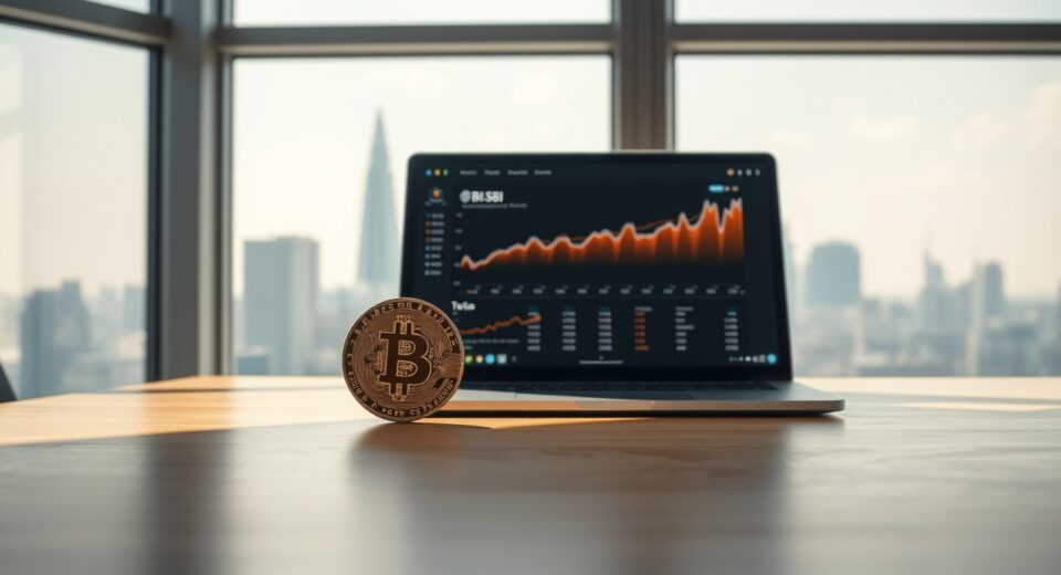 Bitcoin coin on desk with laptop showing financial charts in a Japanese corporate office