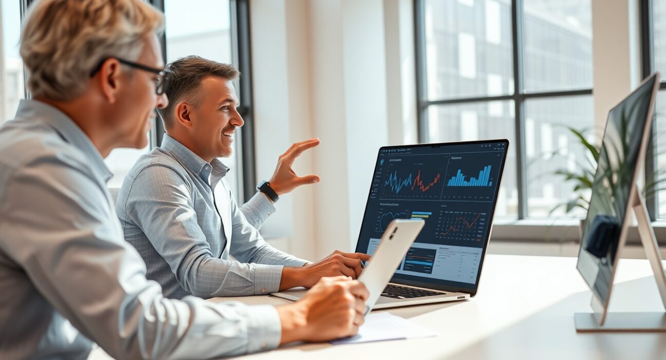Two professionals in a modern office discussing payroll workflow on a laptop with AI-driven analytics visible on screen.