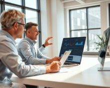 Two professionals in a modern office discussing payroll workflow on a laptop with AI-driven analytics visible on screen.
