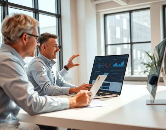 Two professionals in a modern office discussing payroll workflow on a laptop with AI-driven analytics visible on screen.