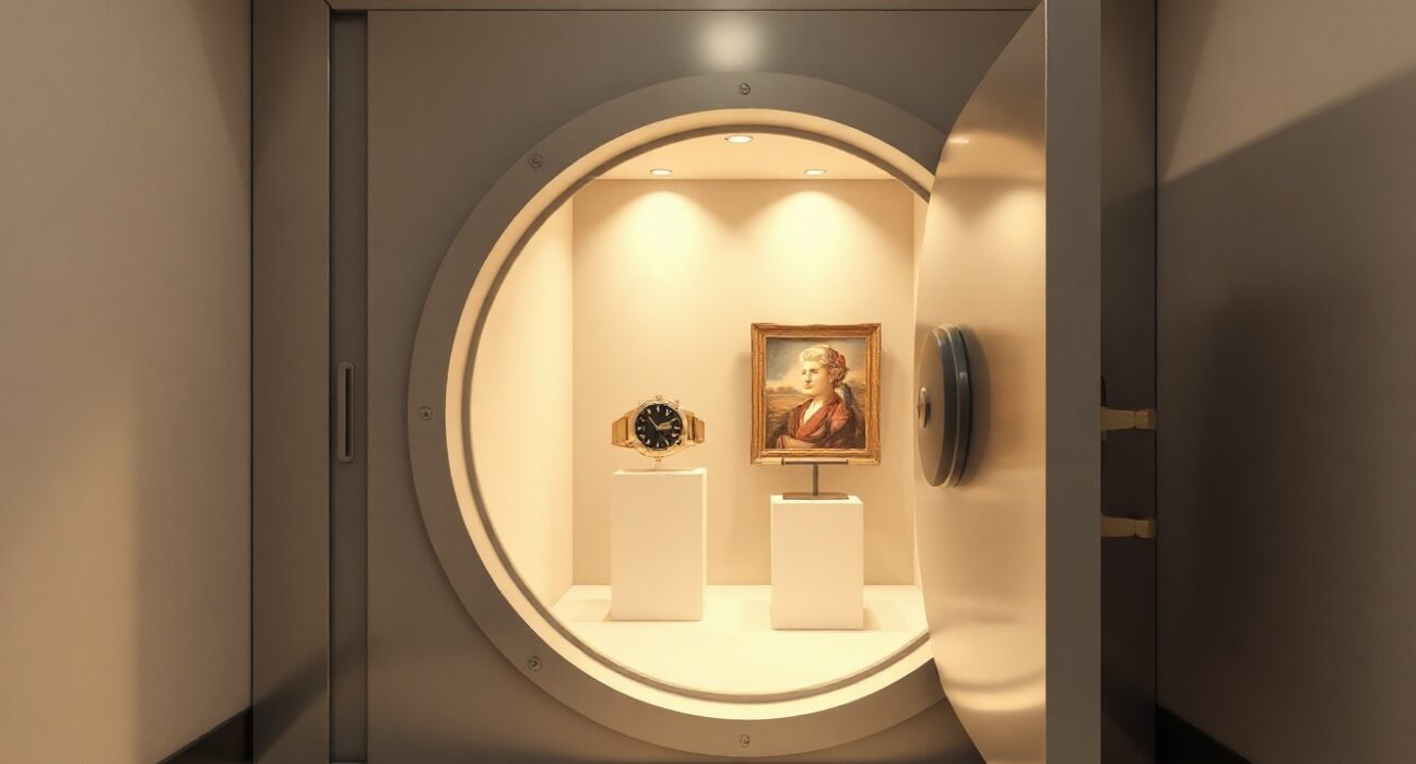 A modern vault door opening to reveal rare collectibles like a watch, coin, and painting, symbolizing tokenized real-world assets.