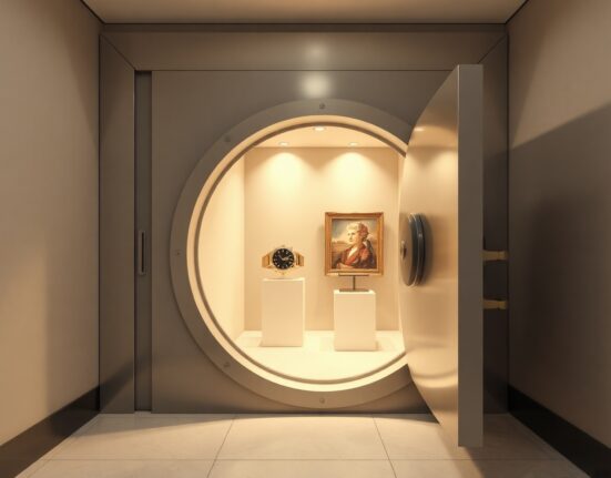 A modern vault door opening to reveal rare collectibles like a watch, coin, and painting, symbolizing tokenized real-world assets.