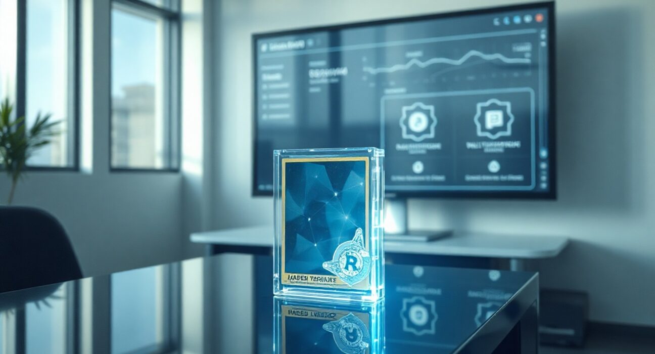 Physical collectible card next to blockchain verification dashboard in modern office setting