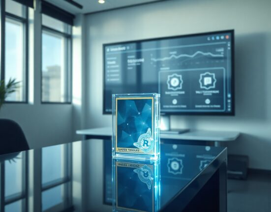 Physical collectible card next to blockchain verification dashboard in modern office setting