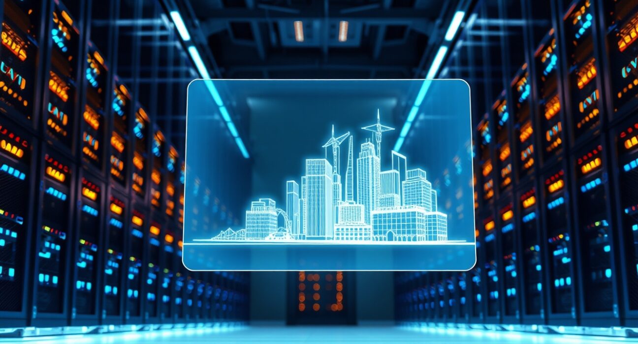 Holographic 3D city rendering in a modern GPU data center, representing Render Network's decentralized computing power.