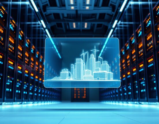 Holographic 3D city rendering in a modern GPU data center, representing Render Network's decentralized computing power.