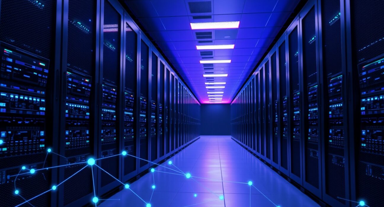 Interior of a modern data center with GPU servers and digital network overlays, representing decentralized rendering and blockchain technology.