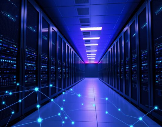 Interior of a modern data center with GPU servers and digital network overlays, representing decentralized rendering and blockchain technology.