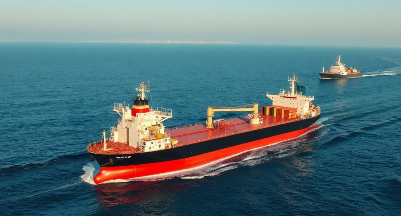 Oil tanker and container ship navigate the Strait of Hormuz, a critical maritime chokepoint.
