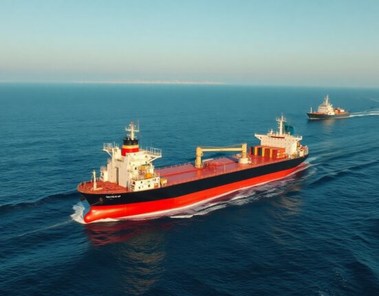 Oil tanker and container ship navigate the Strait of Hormuz, a critical maritime chokepoint.