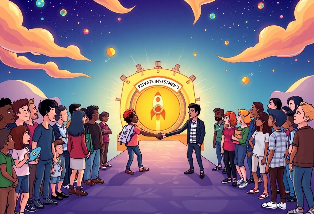 A cartoon illustration depicting the Republic Injective integration, showing individuals gaining access to private investments via blockchain.