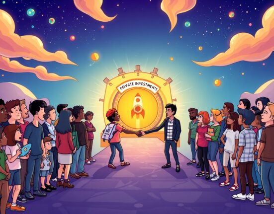 A cartoon illustration depicting the Republic Injective integration, showing individuals gaining access to private investments via blockchain.