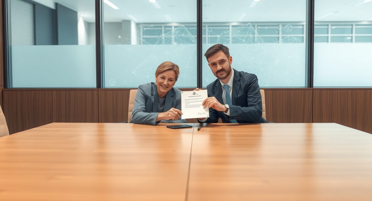 Business executives signing a document in a modern conference room with digital blockchain patterns in the background