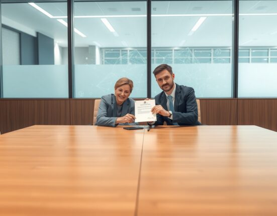 Business executives signing a document in a modern conference room with digital blockchain patterns in the background