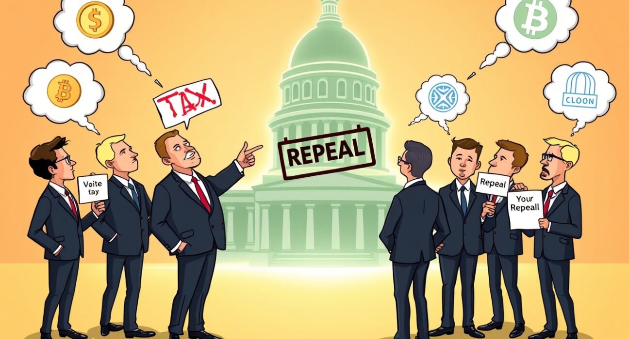 Cartoon illustration of lawmakers debating the crypto staking tax repeal in front of a blockchain node.