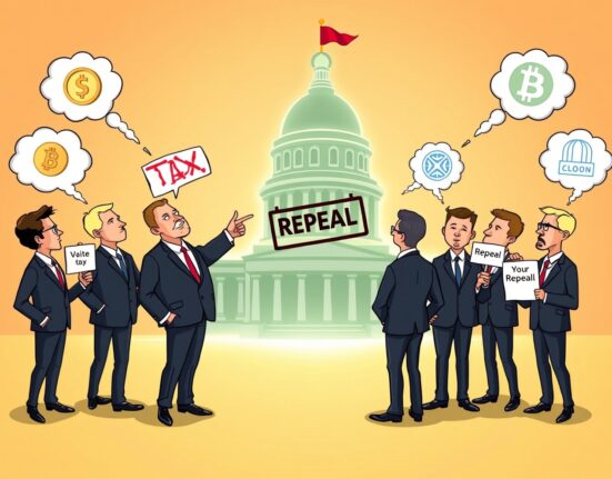 Cartoon illustration of lawmakers debating the crypto staking tax repeal in front of a blockchain node.