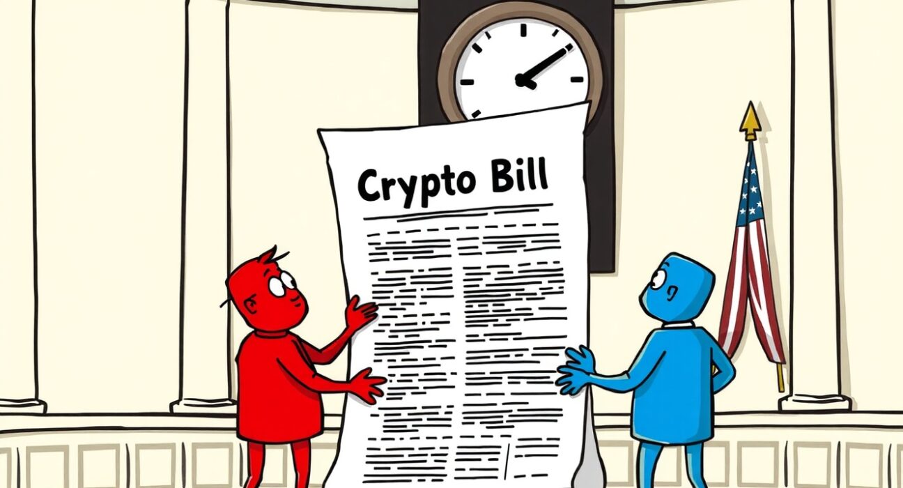 Cartoon of lawmakers urgently debating a crypto market structure bill under a ticking clock.
