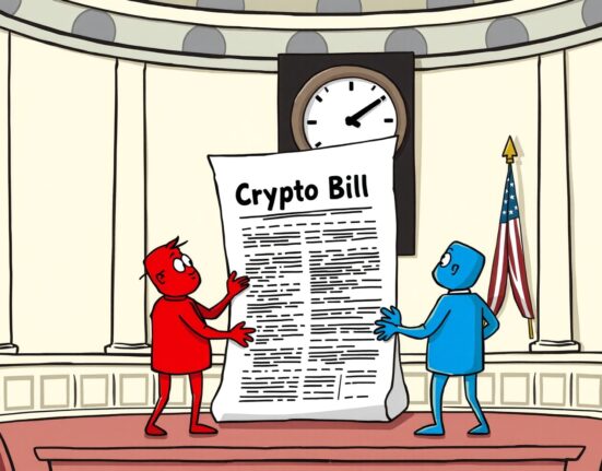 Cartoon of lawmakers urgently debating a crypto market structure bill under a ticking clock.