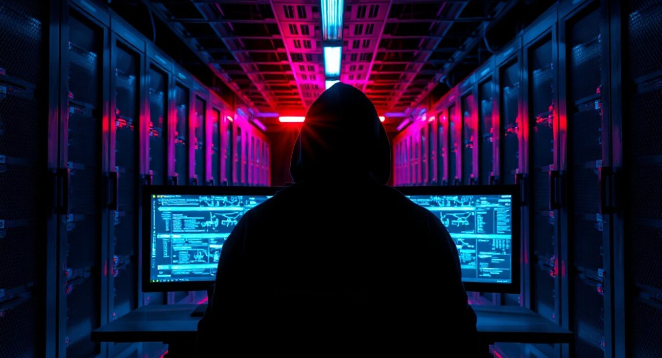 Security researcher monitoring servers in a dark room with code on screens