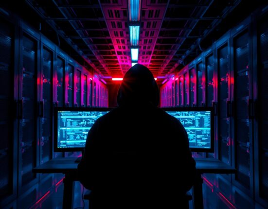 Security researcher monitoring servers in a dark room with code on screens