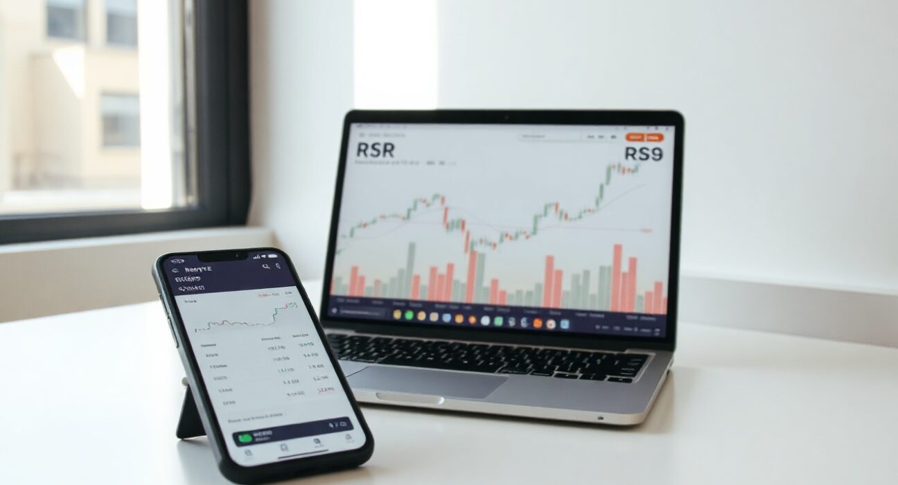 Financial chart on laptop and smartphone showing Reserve Rights RSR token price trends in a professional office setting