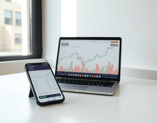 Financial chart on laptop and smartphone showing Reserve Rights RSR token price trends in a professional office setting