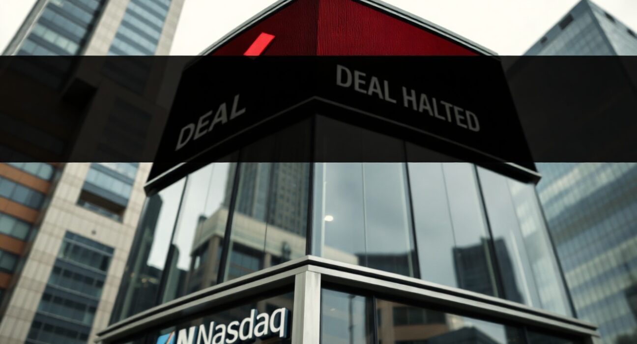 Modern office building with Nasdaq-style display showing deal halted, symbolizing ReserveOne SPAC collapse