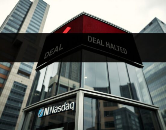 Modern office building with Nasdaq-style display showing deal halted, symbolizing ReserveOne SPAC collapse