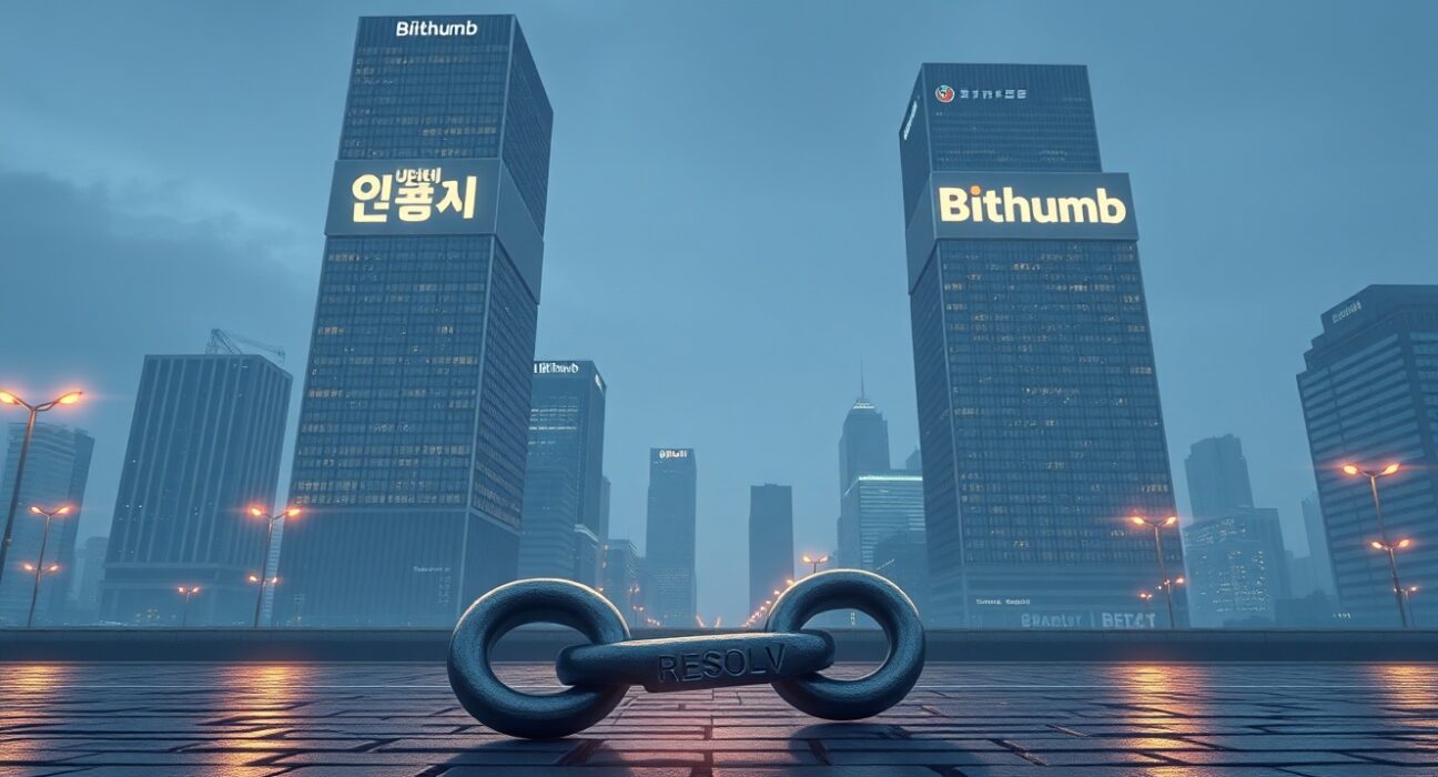 Upbit and Bithumb exchange signs with broken chain representing RESOLV delisting announcement