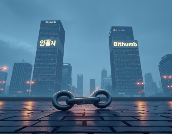 Upbit and Bithumb exchange signs with broken chain representing RESOLV delisting announcement