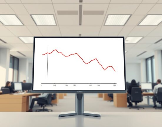 A digital monitor in a South Korean crypto exchange shows a token chart under review for potential delisting.
