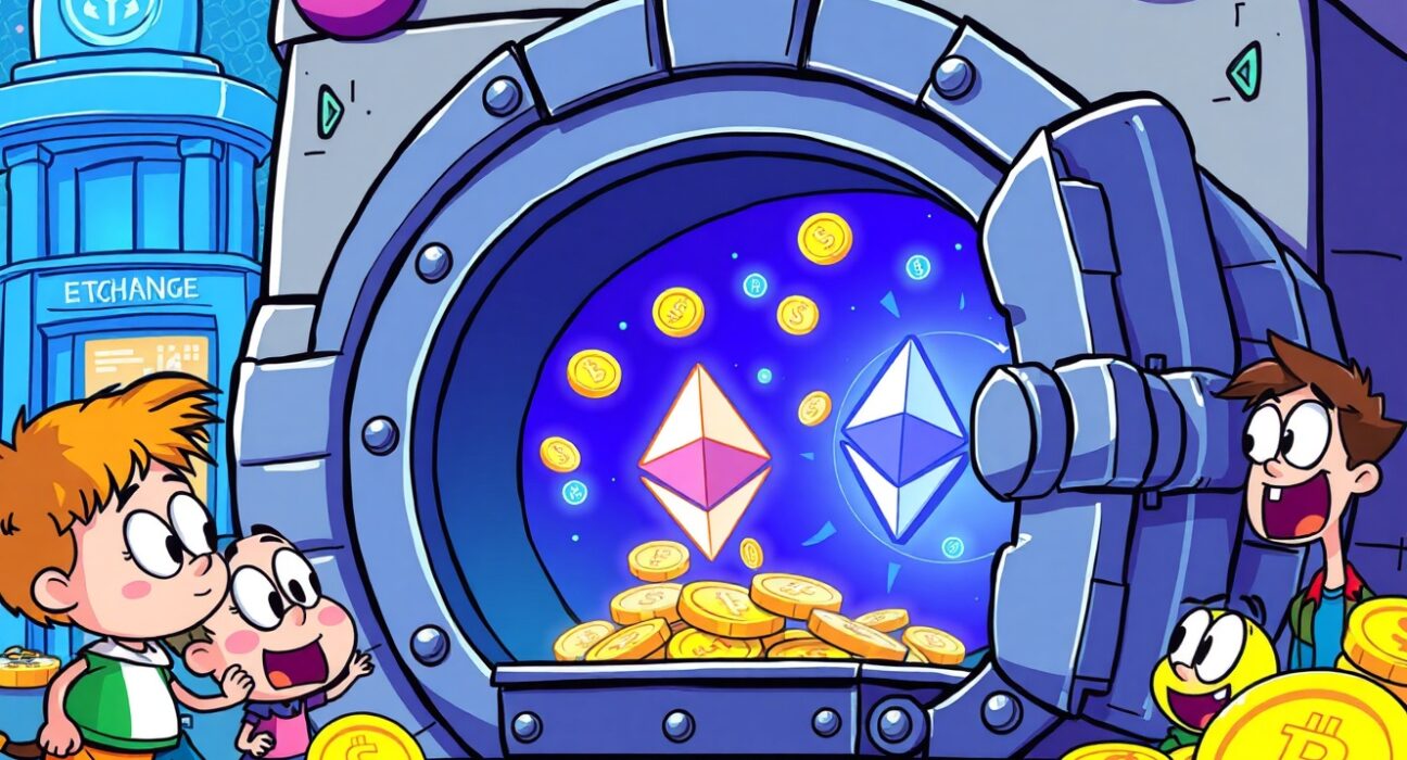 Strategic Ethereum withdrawal from exchange to secure storage in vibrant cartoon illustration