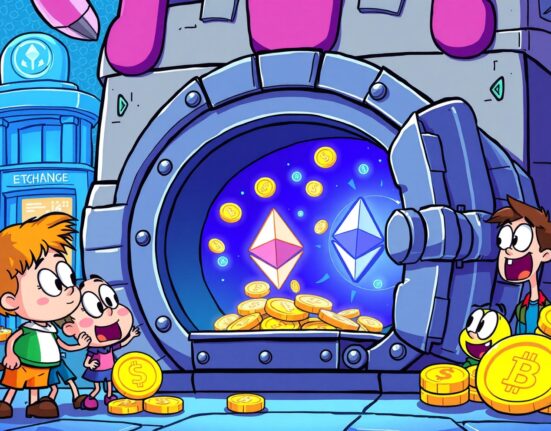 Strategic Ethereum withdrawal from exchange to secure storage in vibrant cartoon illustration