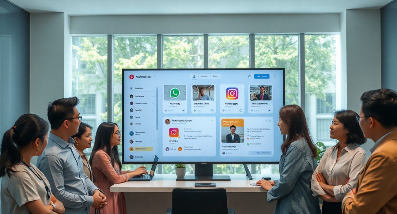 Team at Respond.io office in Kuala Lumpur discussing AI-powered messaging dashboard
