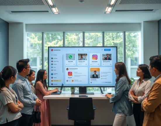 Team at Respond.io office in Kuala Lumpur discussing AI-powered messaging dashboard