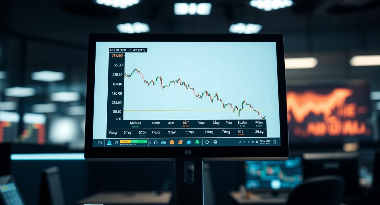 Bitcoin price chart on a monitor in a dark trading room showing declining trend
