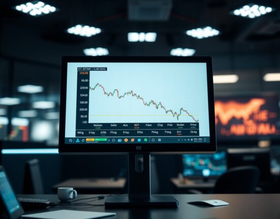 Bitcoin price chart on a monitor in a dark trading room showing declining trend