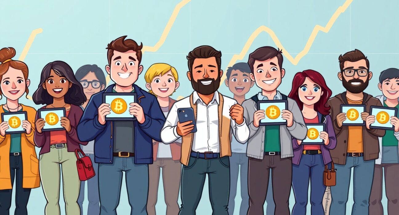 A group of diverse individuals, representing retail Bitcoin holders, confidently managing their digital assets, symbolizing the significant growth in retail Bitcoin holdings.