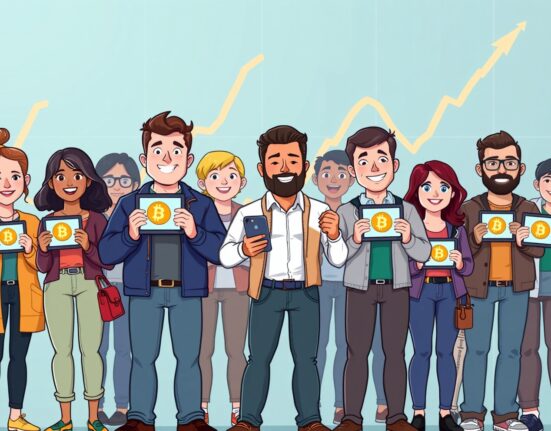 A group of diverse individuals, representing retail Bitcoin holders, confidently managing their digital assets, symbolizing the significant growth in retail Bitcoin holdings.