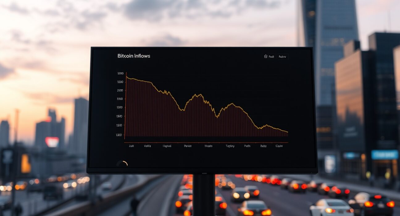 Digital screen showing declining Bitcoin inflow chart on a trading platform.