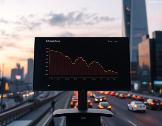 Digital screen showing declining Bitcoin inflow chart on a trading platform.