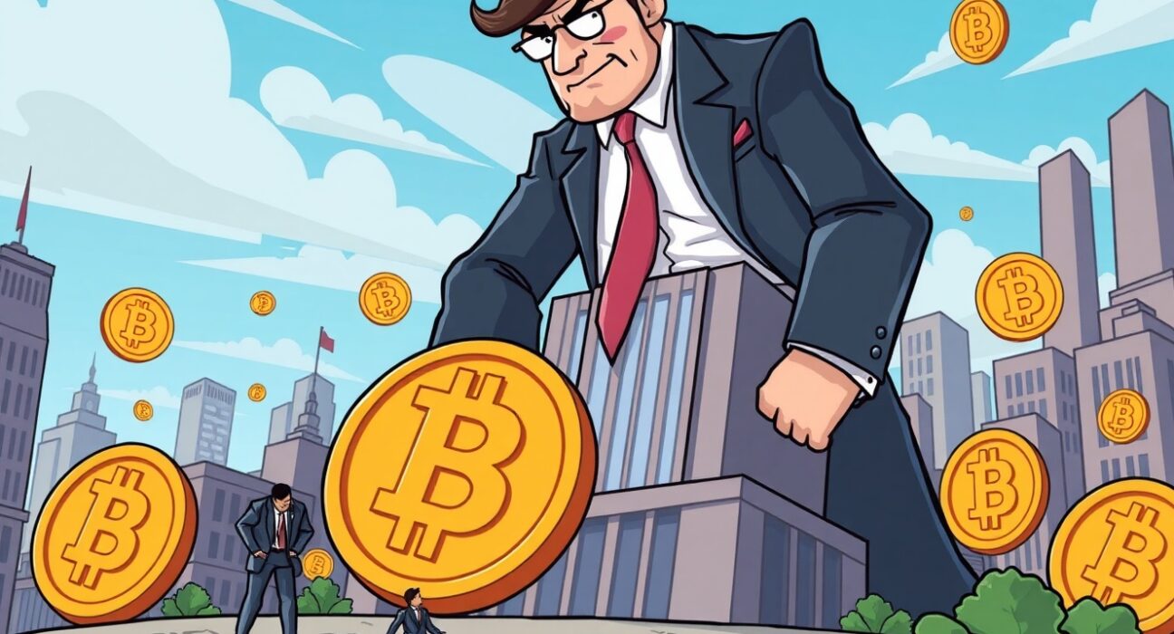 A cartoon illustration showing retail Bitcoin investors being overshadowed by large institutional players in a changing market.