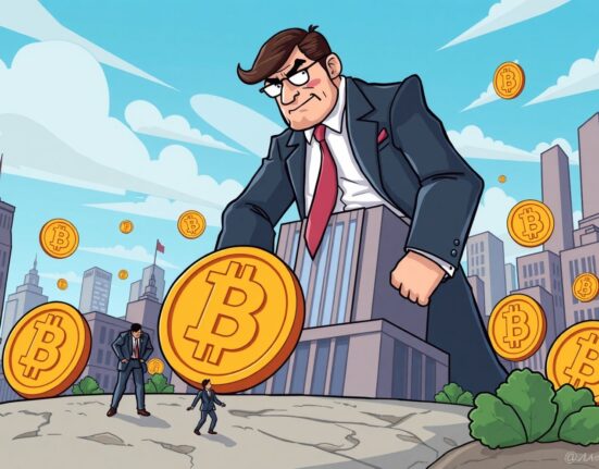 A cartoon illustration showing retail Bitcoin investors being overshadowed by large institutional players in a changing market.