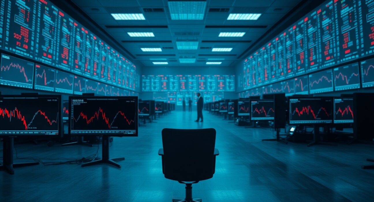 Empty trading floor with cryptocurrency charts on monitors, symbolizing retail investor exodus from crypto market