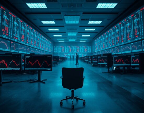 Empty trading floor with cryptocurrency charts on monitors, symbolizing retail investor exodus from crypto market